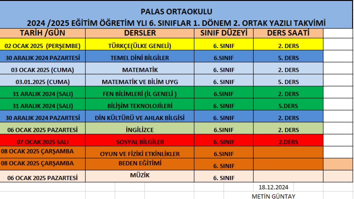 6. SINIFLAR 2. ORTAK YAZILI TARİHLERİ