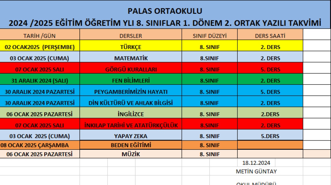 8. SINIFLAR 2. ORTAK YAZILI TARİHLERİ